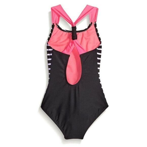 Freestyle Girls Heart Print Stripe Halter One Piece Swimsuit Multi Size 16 - Picture 2 of 2